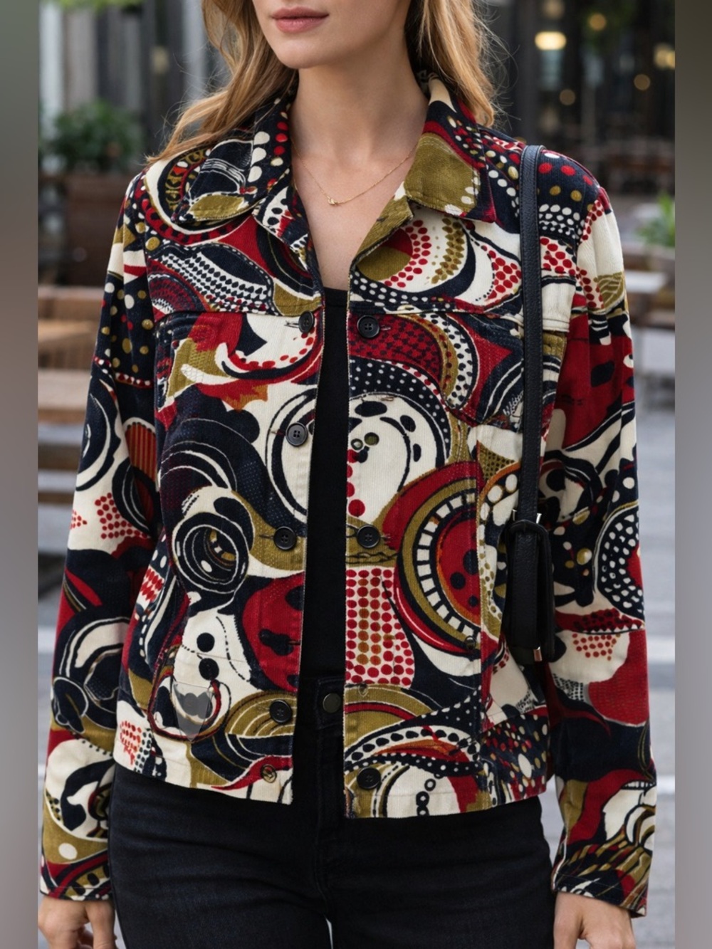 Acorn Abstract Print Corduroy Jacket Red Black Artwear Button Up L